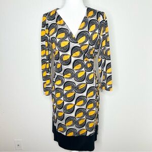 Diane Von Furstenberg DVF Womens Yellow & Black Silk Pattern Wrap Dress Size 10